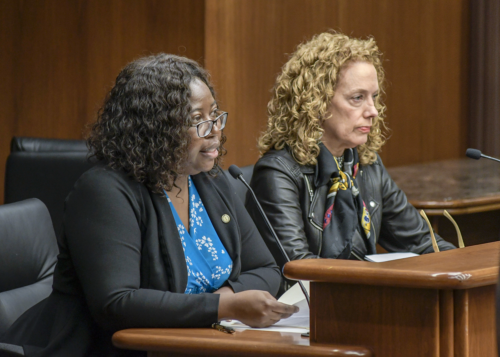 Rep. Ruth Richardson, left, and Rebecca Wallin, the mother of a son with Fetal Alcohol Spectrum Disorder, testify before the House Health and Human Services Policy Division Feb. 27. Photo by Andrew VonBank